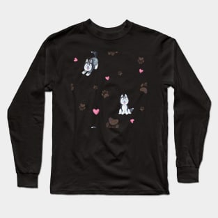 Cute Husky Paws and Hearts Pattern Long Sleeve T-Shirt